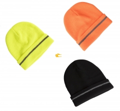 Hi Vis yellow lime fluro Acrylic knitted reflective trim stripe thermal beanie skull hat watch cap