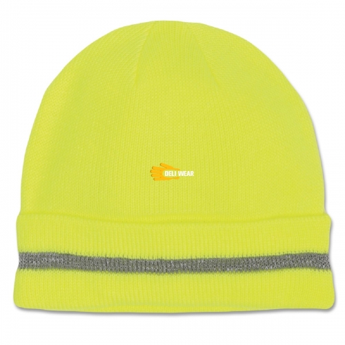 Hi Vis yellow lime fluro Acrylic knitted reflective trim stripe thermal beanie skull hat watch cap