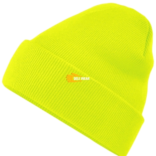 Hi Vis yellow green lime Double layers cuffed style knitted Acrylic Arctic Freezer beanie hat watch cap