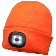 Rechargeable removeable LED Head Lights beanie hat High visibility Fluorescent orange Acrylic knitted thermal skull hat watch cap