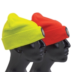 Rechargeable removeable LED Head Lights beanie hat High visibility Fluorescent orange Acrylic knitted thermal skull hat watch cap