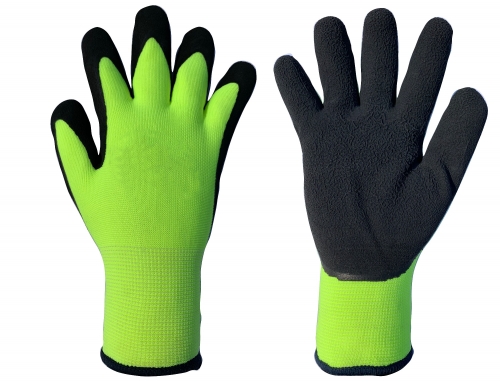 Hi vis yellow double layers thermal grip work glove with acrylic terry loop insulated