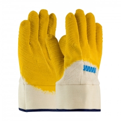 Water resistant Crinkle finish Yellow latex coated jersey glove with canvas safety cuff