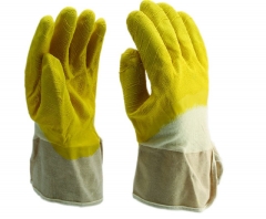 Water resistant Crinkle finish Yellow latex coated jersey glove with canvas safety cuff