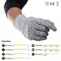 ANSI Cut Level 3 Polyurethane Coated Salt and pepper HPPE Cut Resistant Gloves for glass cutting sheet metal handling