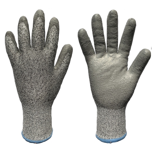 ANSI Cut Level 3 Polyurethane Coated Salt and pepper HPPE Cut Resistant Gloves for glass cutting sheet metal handling