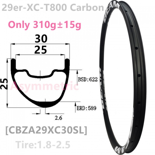 [CBZA29XC30SL] Asymmetric ULTRALIGHT Only 310g 30mm Width 29er Carbon Fiber Mountain Bike Hookless Tubeless Compatible MTB rims