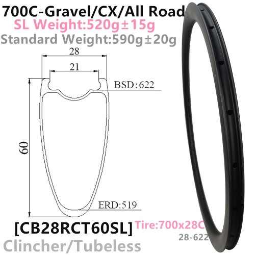 [CB28RCT60SL-700C] Carbonbeam Lifetime warranty Only 520g NEW CX/Gravel Bike 60mm Depth 700C Carbon Fiber Road Rim Clincher Tubeless Compatible carbon