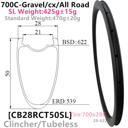 [CB28RCT50SL-700C] Carbonbeam Lifetime Warranty Only 425g NEW CX/Gravel Bike 50mm Depth 700C Carbon Fiber Road Rim Clincher Tubeless Compatible carbon