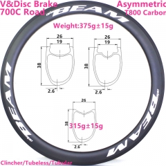 [CBA26RCT38] Asymmetric Super light Carbon Road Bike 38mm Depth 700C Carbon Rim Clincher Tubeless Tubular carbon bike rims 