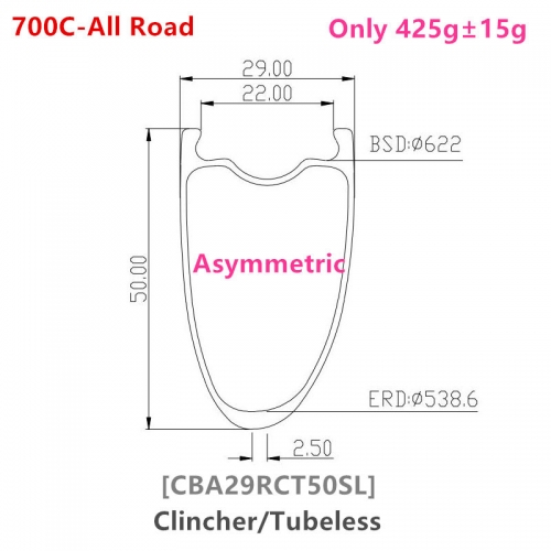 [CBA29RCT50-SL] 700C Asymmtric T800 NEW Gravel  Road Bike 29mm wide 50mm Depth 700C Carbon Fiber Rim Clincher Tubeless Compatible rims