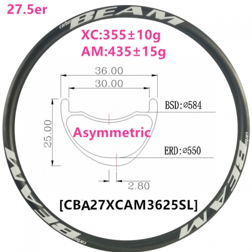 [CBA27XCAM3625SL] 27.5er Only 355g 36mm Width 25mm Depth Asymmetric 650B Carbon Fiber Mountain Bike Hookless Tubeless Compatible XC AM 27.5er carbon m