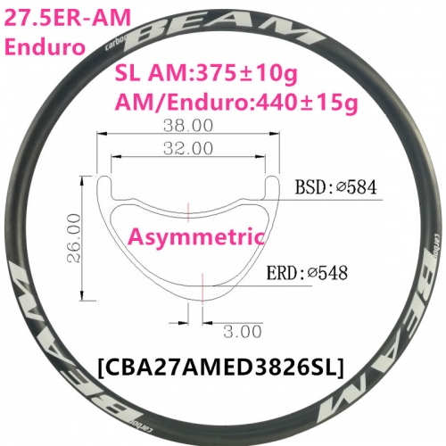 [CBA27AMED3826SL] 27.5er Only 375g 38mm Width 26mm Depth Asymmetric 650B Carbon Fiber Mountain Bike Hookless Tubeless Compatible Enduro AM 27.5er carb