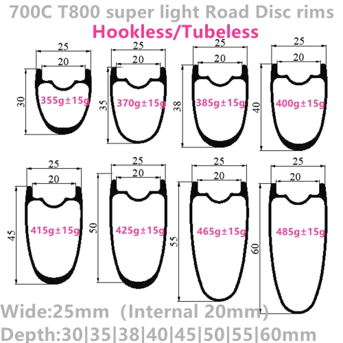 Free Shipping Hookless/Tubeless Super light 700C 25mm wide 30mm 35mm 38mm 40mm 45mm 50mm 55mm 60mm Depth Carbon Road Bike rims  700C Carbon Rims