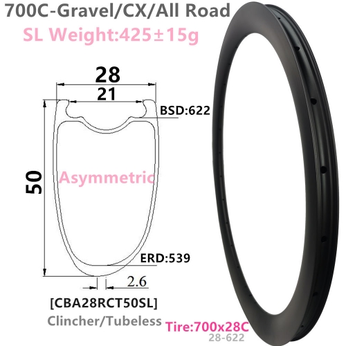 [CBA28RCT50SL-700C] Carbonbeam Lifetime Warranty Asymmetric Only 425g CX/Gravel Bike 50mm Depth 700C Carbon Fiber Road Rim Clincher Tubeless rims