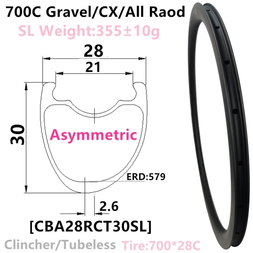 [CBGA28RCT30SL-700C] Carbonbeam Asymmetric Free shipping LifeTime Warranty Only 365g NEW CX/Gravel Bike 30mm Depth 700C Carbon  Road Rim Clincher Tube