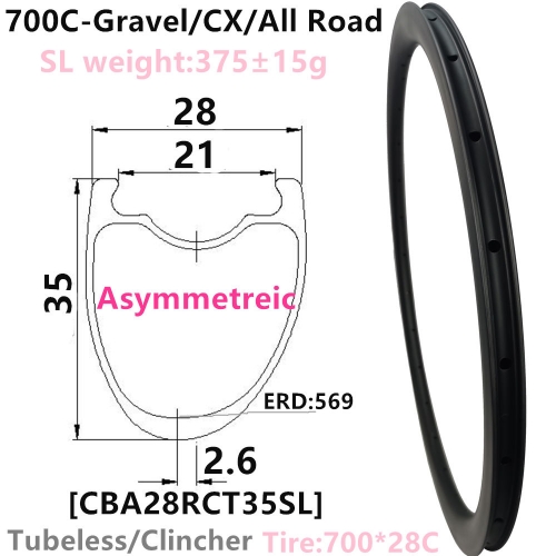 [CBGA28RCT35SL-700C] Carbonbeam Asymmetric Free shipping LifeTime Warranty Only 385g NEW CX/Gravel Bike 35mm Depth 700C Carbon  Road Rim Tubeless