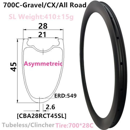 [CBGA28RCT45SL-700C] Carbonbeam Asymmetric Free shipping LifeTime Warranty Only 410g NEW CX/Gravel Bike 30mm Depth 700C Carbon  Road Rim tubeless