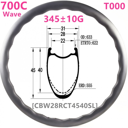 [CBW28RCT4540SL] 700C 345g Symmetric T1000 NEW Gravel  Road Bike 28mm wide 45mm Depth 700C Carbon Fiber Rim Clincher Tubeless Compatible rim