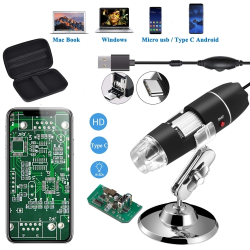 Jiusion Original 40-1000X USB Microscope with Portable Case Digital Magnification Endoscope Camera 8 LEDs Metal Base for Micro USB USB-C Android Windo