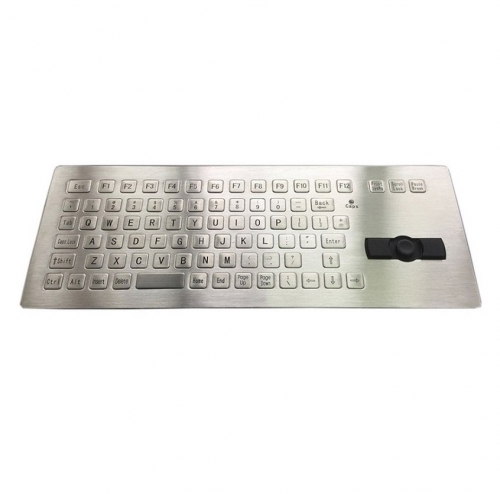 IP66 waterproof stainless steel panel mounted keyboard with integrated rugged joystick mouse.