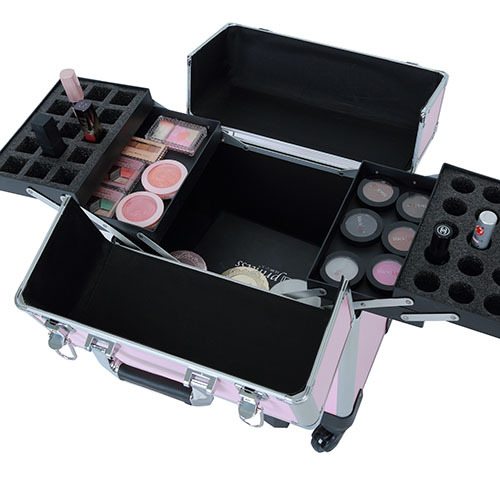 Pink rolling makeup train cosmetic nail trolley case