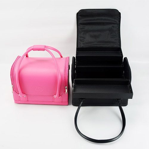 Soft lightweight makeup case pink cosmetic box beauty PU leather makeup bag with zippers