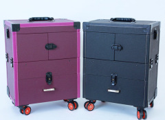 Leather makeup trolley case cosmetic train luggage storage with 4 wheels