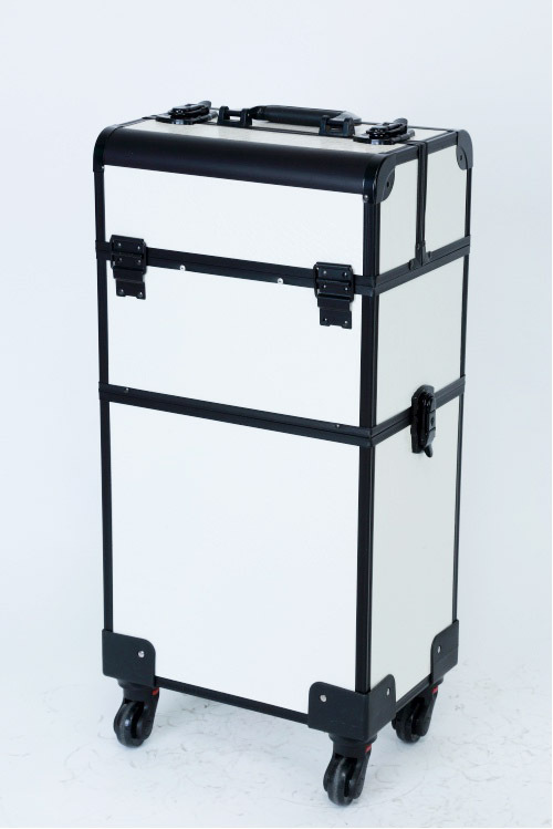 Professional trolley makeup case white aluminum cosmetic case rolling