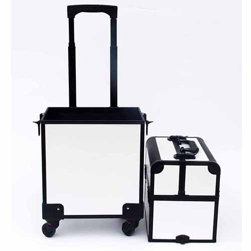 Professional trolley makeup case white aluminum cosmetic case rolling