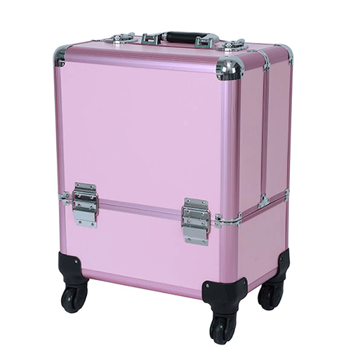 Pink rolling makeup train cosmetic nail trolley case