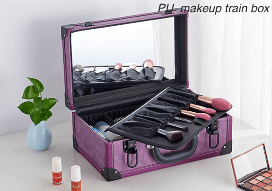 PU makeup train box with mirror purple