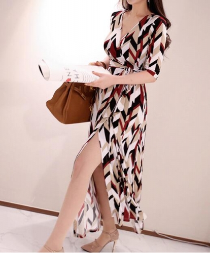 2023summer new Korean temperament long skirt Slim V-neck tie waist body print dress female