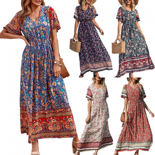 Casual Dresses Fashion New Women Bohemian Floral Print Natural Plus Size Dresses 4xl 5xl 6xl 7xl Short Beach Dress Adults Loose