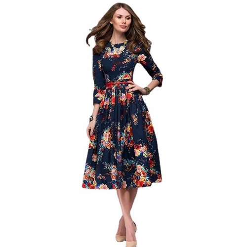 Elegant Women Vintage Long Dress Printed Long Sleeved Fluffy Dress Women Casual Dress