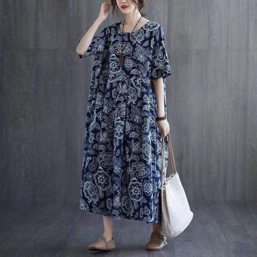 Spring/Autumn Plus Size Women Casual Dress Cotton Blended Classic Chinese Style Printed Pattern Women's Dress