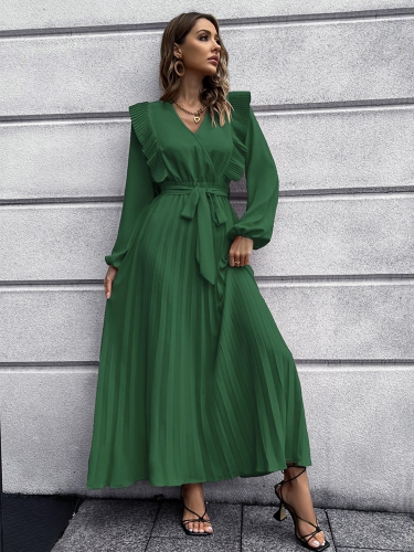 Ladies Office Elegant Dress Solid Color Pleated Dress Long Sleeve Casual Dress