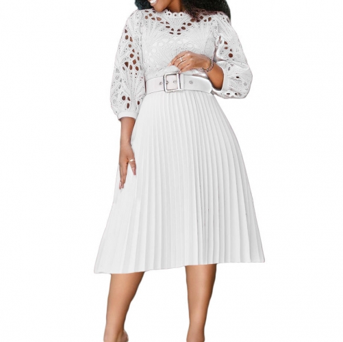New Fashion Summer Pleated Casual Dress Lace half Puff Sleeve Plus Size Women's Dresses