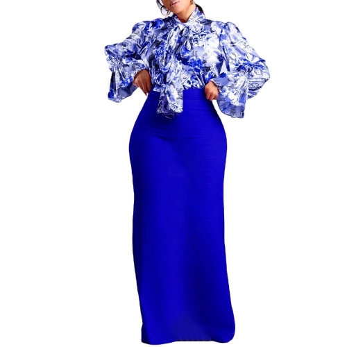 Women's 2 Piece Outfits Floral Print Mock Neck Blouse and Long Dress Set Partywear