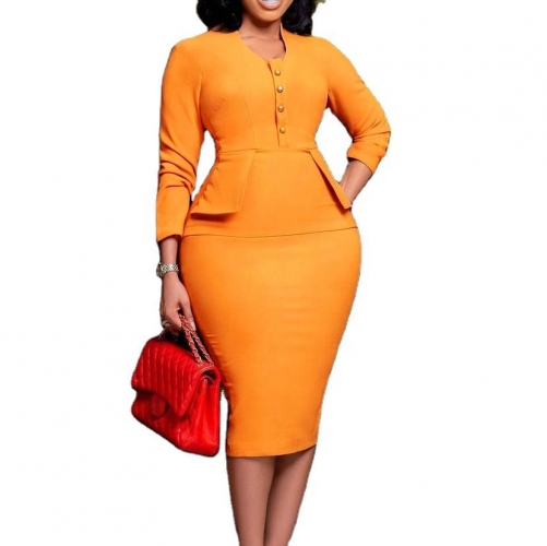 Ladies Pencil Dresses Long Sleeve Midi Dress Solid Color Party Casual Crew Neck Orange