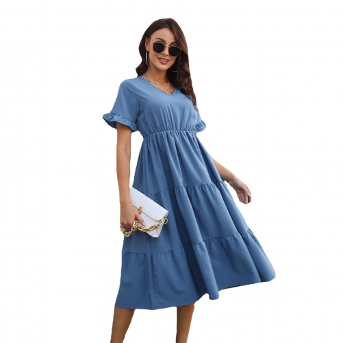 Summer Women Ruffle Dress Short Sleeve V-neck Chiffon Casual Women Dress