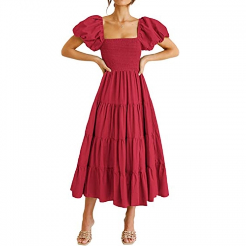 Women's Casual Summer Midi Dress Puffy Short Sleeve Square Neck Smocked Tiered Ruffle Dresses