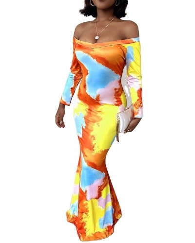 Women's Off Shoulder Long Formal Party Dress Evening Gown Ruffle Floral Printed Hawaiian Long Beach Maxi Dress