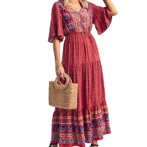 Women's Casual Summer Boho Floral Print Dress V Neck Short Sleeve High Waist Long Maxi Beach Dresses