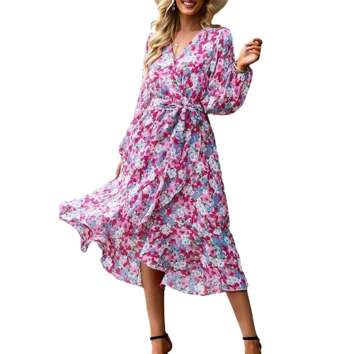 Women's Floral Print Boho Dress Long Sleeve Wrap V Neck Ruffle Belted A Line Flowy Maxi Dresses