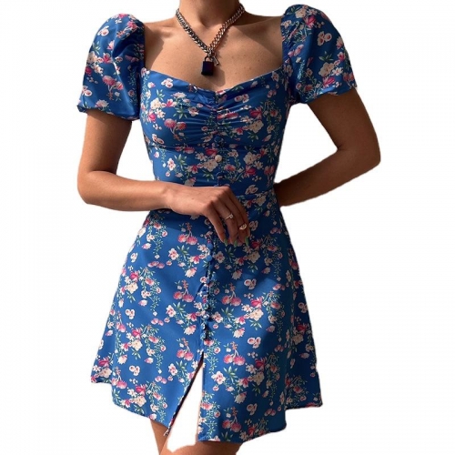 2023 New Women's Summer Fashion Bubble Sleeves Floral V-neck Chest Buttons Decorated Short Skirt Female Slim Dress