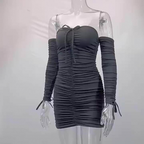 Women's Off Shoulder Ruched Bodycon Mini Dress Flounce Long Sleeve Tie Front Short Pencil Dresses