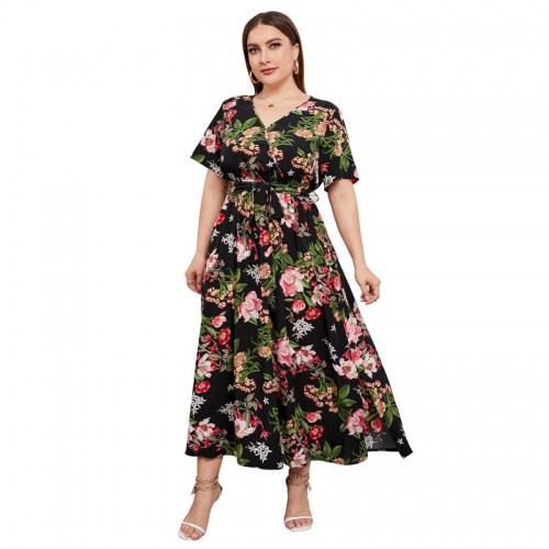 Wholesale custom women's clothing mixed size printed MIDI skirt big skirt train V-neck women's large size casual dress