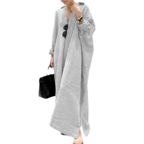 Fashion Women Stripe Long Sleeve Loose Dress With Button Women Casual Dress