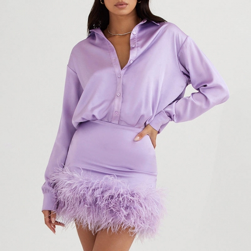 Fashion Women Long Sleeved Satin Feather Shirt Dress Women Casual Dress